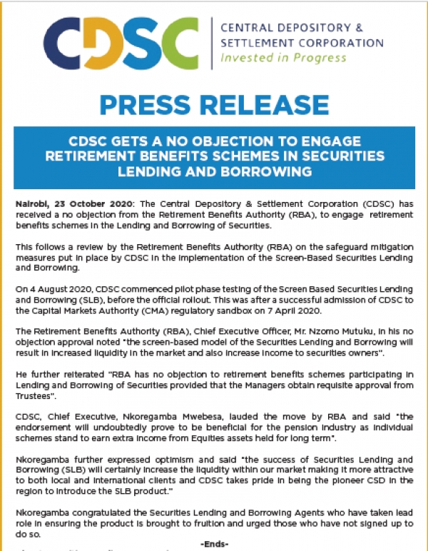 PRESS RELEASE: CDSC RECEIVES A NO OBJECTION FROM RBA TO ENGAGE RETIREMENT BENEFITS SCHEMES ON SLB