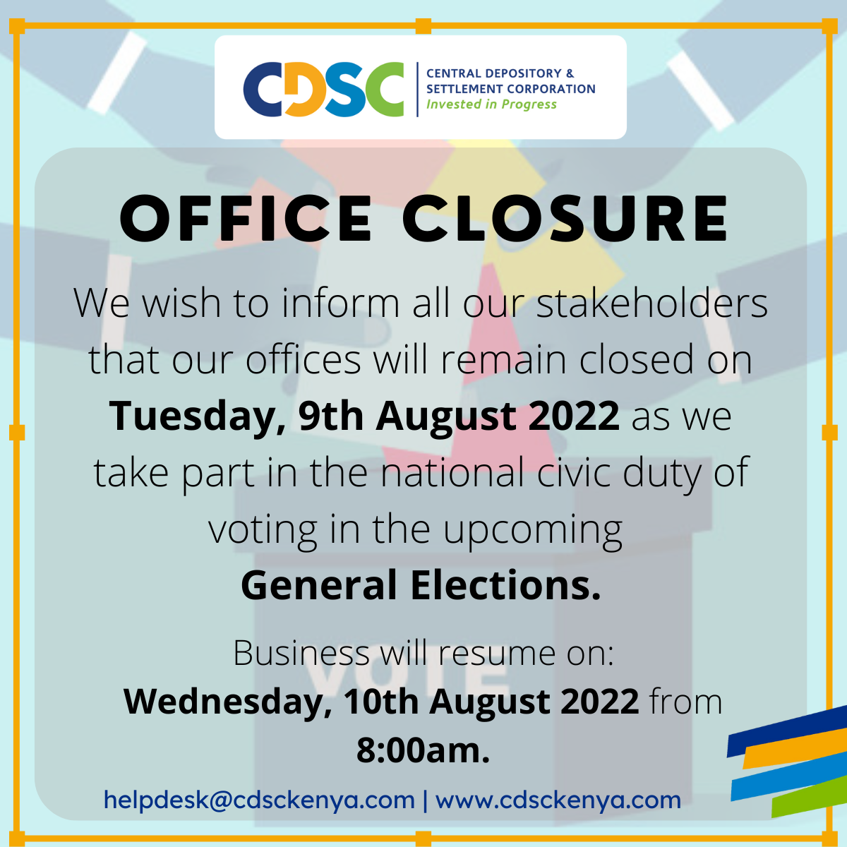 OFFICE CLOSURE FOR ELECTIONS