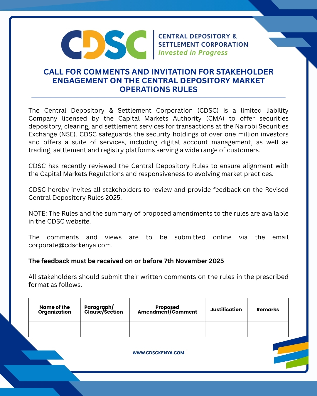 CALL FOR COMMENTS AND INVITATION FOR STAKEHOLDER ENGAGEMENT ON THE CENTRAL DEPOSITORY MARKET OPERATIONS RULES
