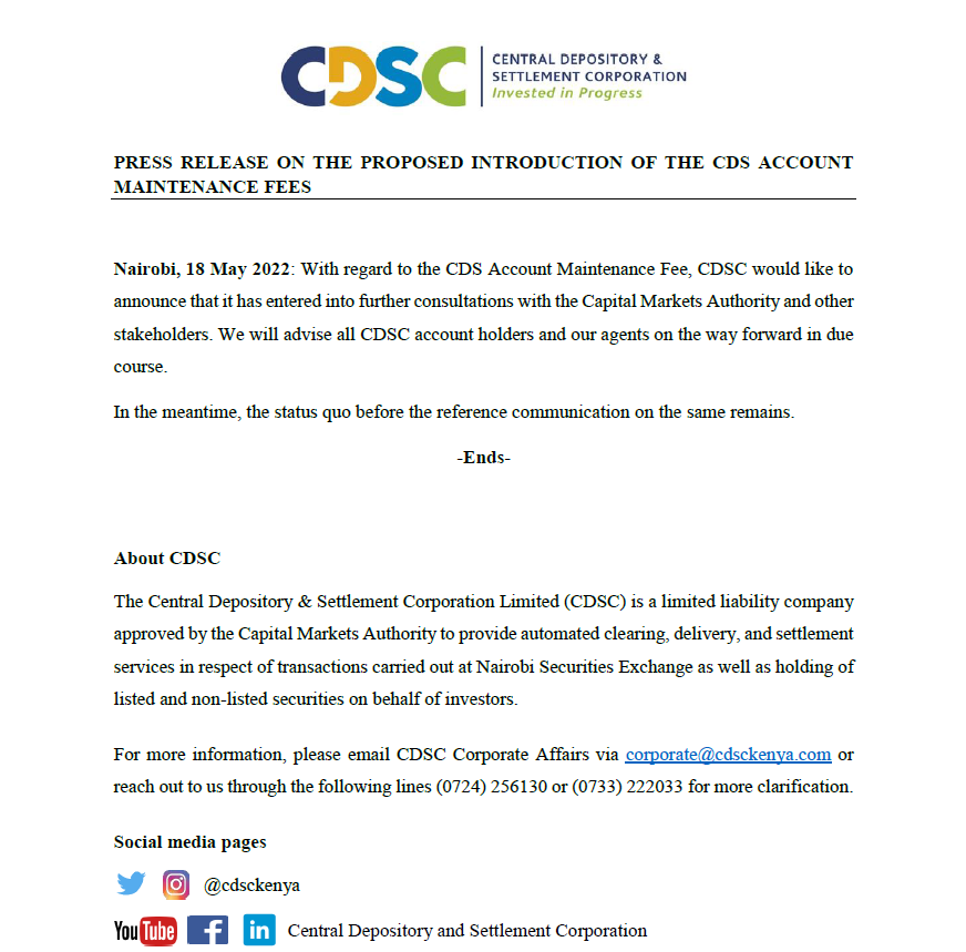 PRESS RELEASE ON CDS ACCOUNT MAINTENANCE FEES